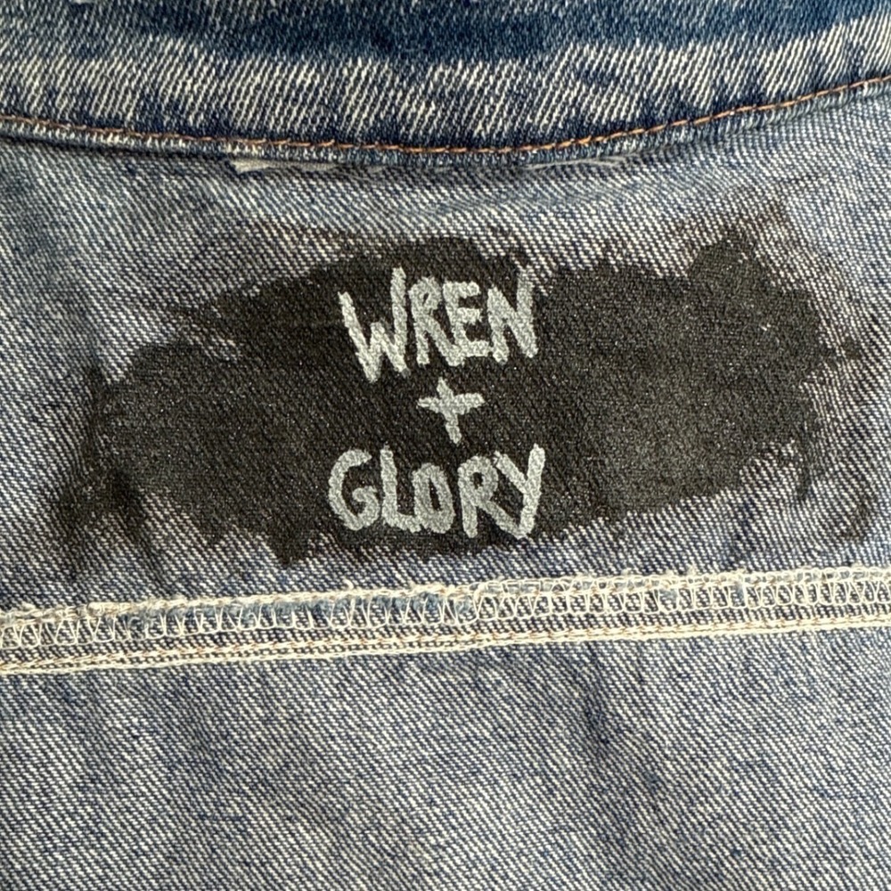 Wren + Glory Painted Denim Jacket Tulle Trim Ruffle Sleeve Art Graphic One Size - Picture 4 of 9